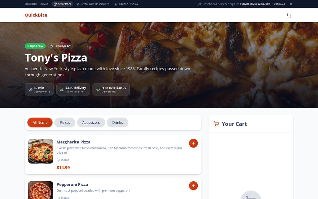 QuickBite — the customer storefront and live kitchen display, as deployed for the restaurant group (shown here with demo data)